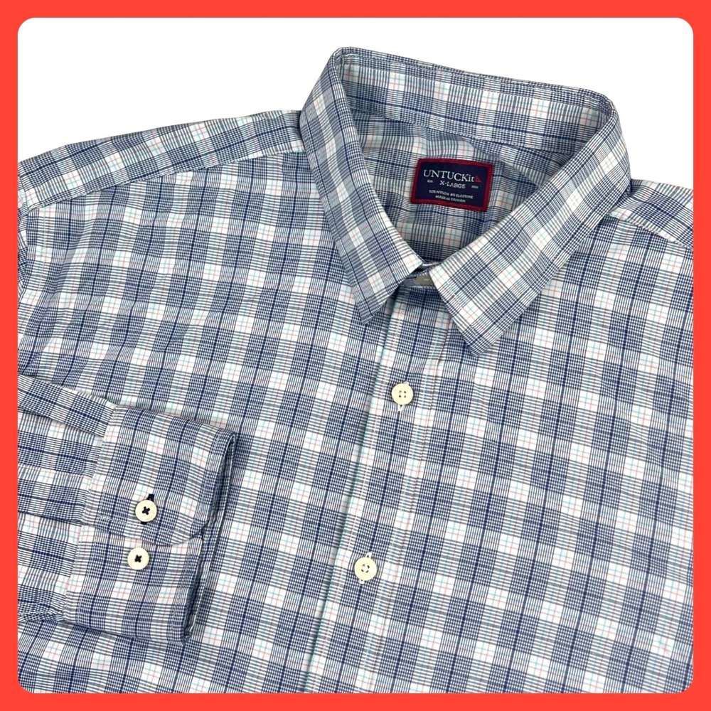 UNTUCKit Burklin Shirt Men XL Blue Pink Plaid Check Nylon Stretch Button Up LS